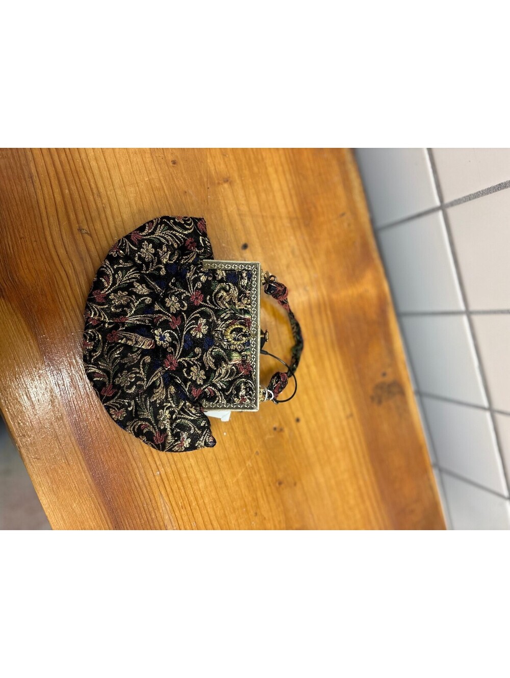Vintage 1950s Floral Brocade Evening Bag with Metal Frame and Red Lined Interior